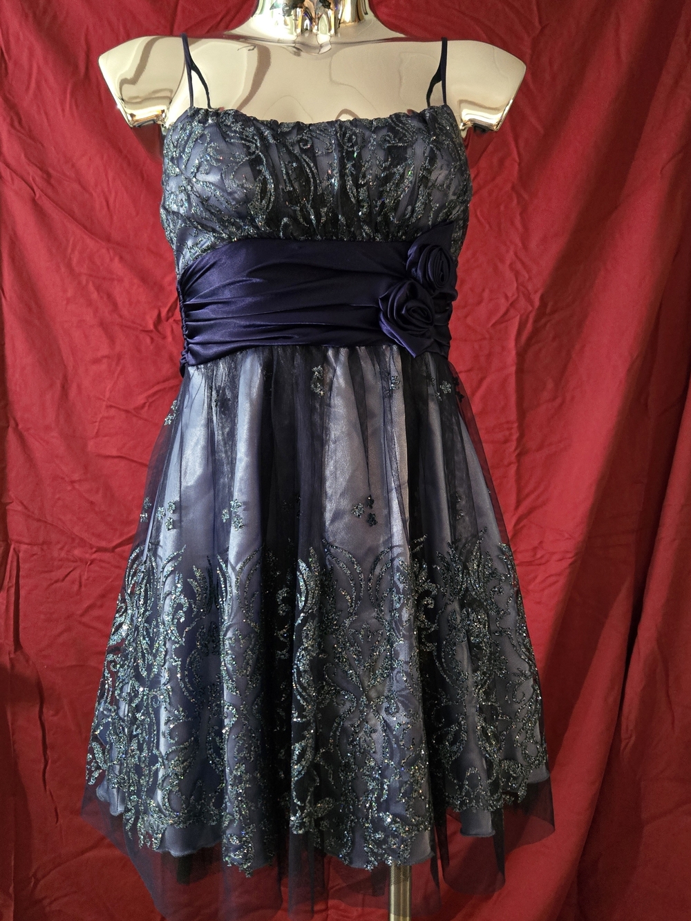 Navy Blue Embellished Spaghetti-Strap Mini Dress